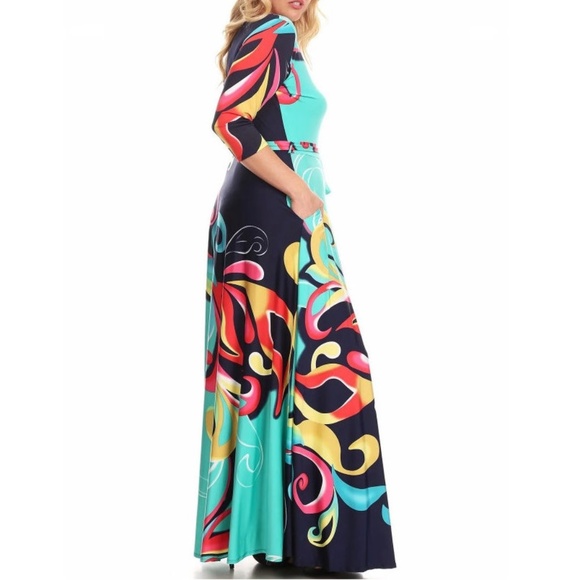 Plus Size Boho Scrolls Fit & Flare Maxi Dress - Picture 2 of 4